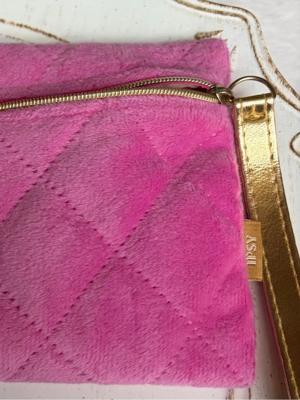 Ipsy Pink Quilted Wristlet Clutch with Gold Accent